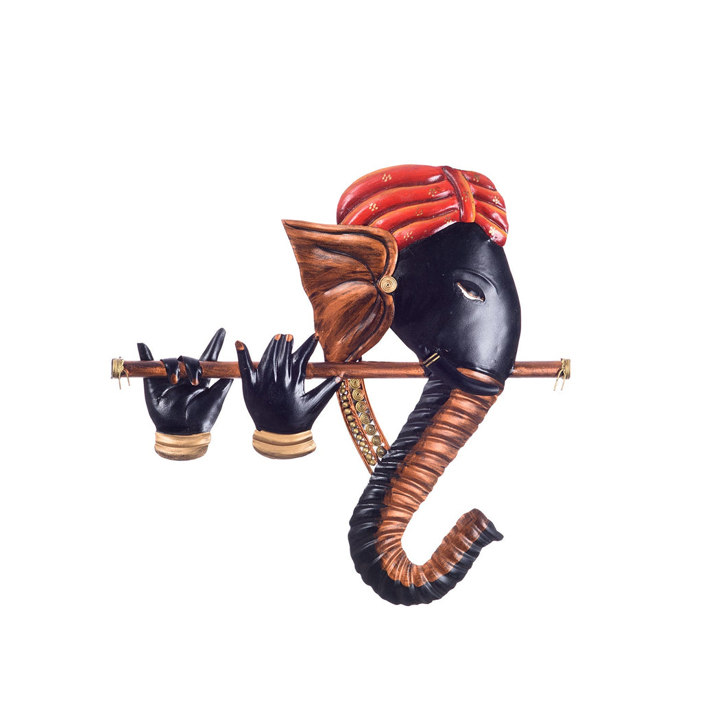 Wrought Iron Bansuri Ganesha Wall Hanging (Orange, Black, Brown) Kafalo