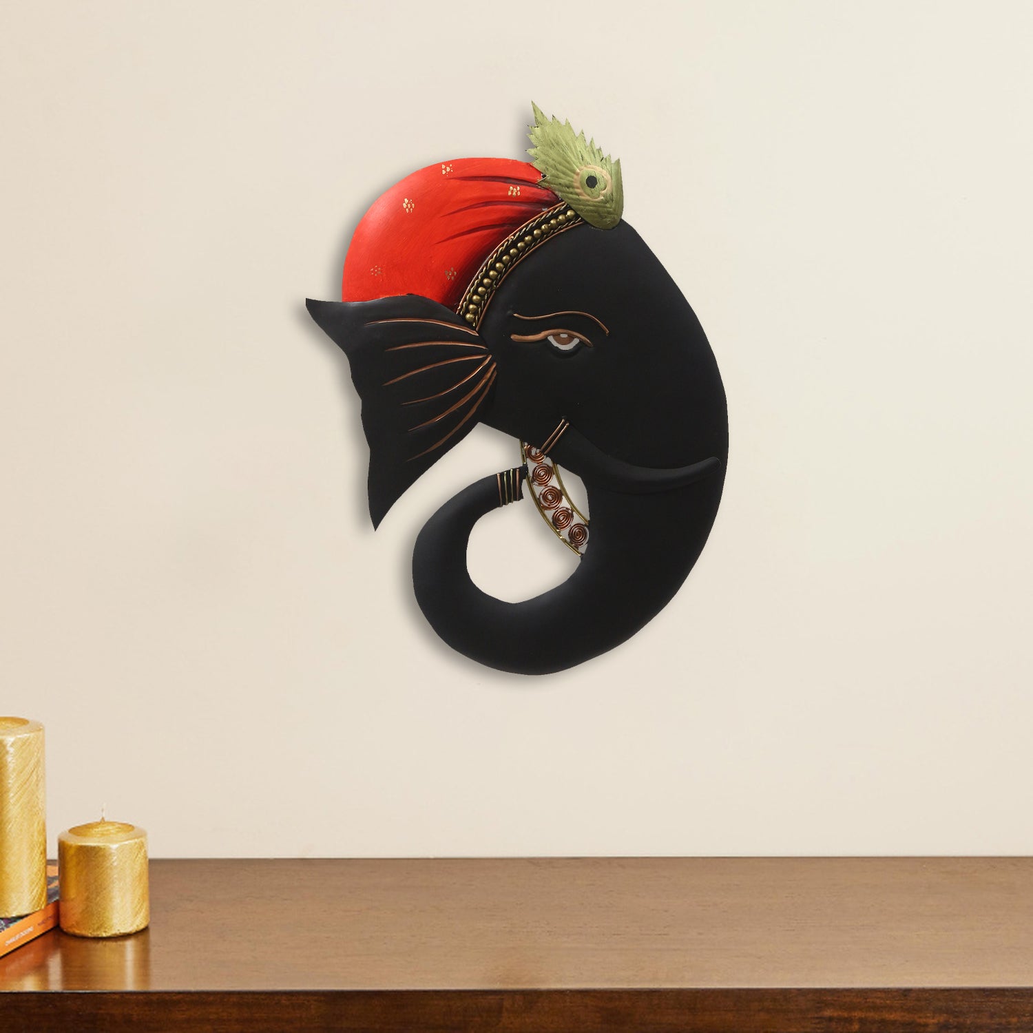 Lord Ganesha With Mor Pankh Decorative Iron Metal Wall Hanging Kafalo