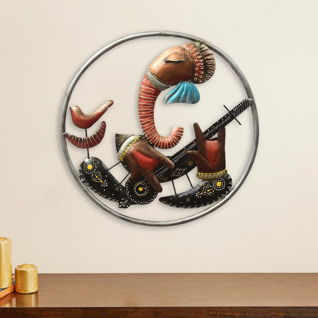 Lord Ganesha playing musical instrument Handcrafted Decorative Iron Wall Hanging Kafalo