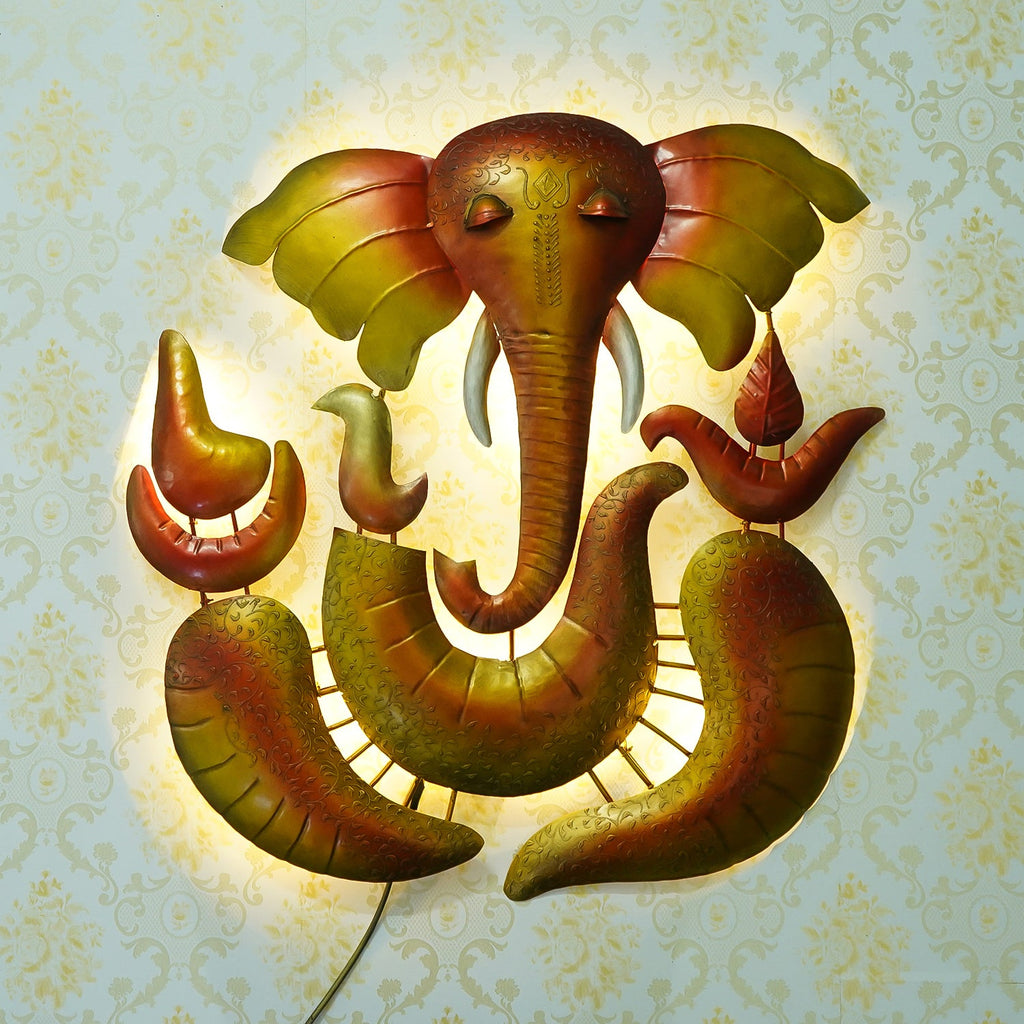 Decorative Lord Ganesha Handcrafted Iron Wall Hanging with background LED's Kafalo