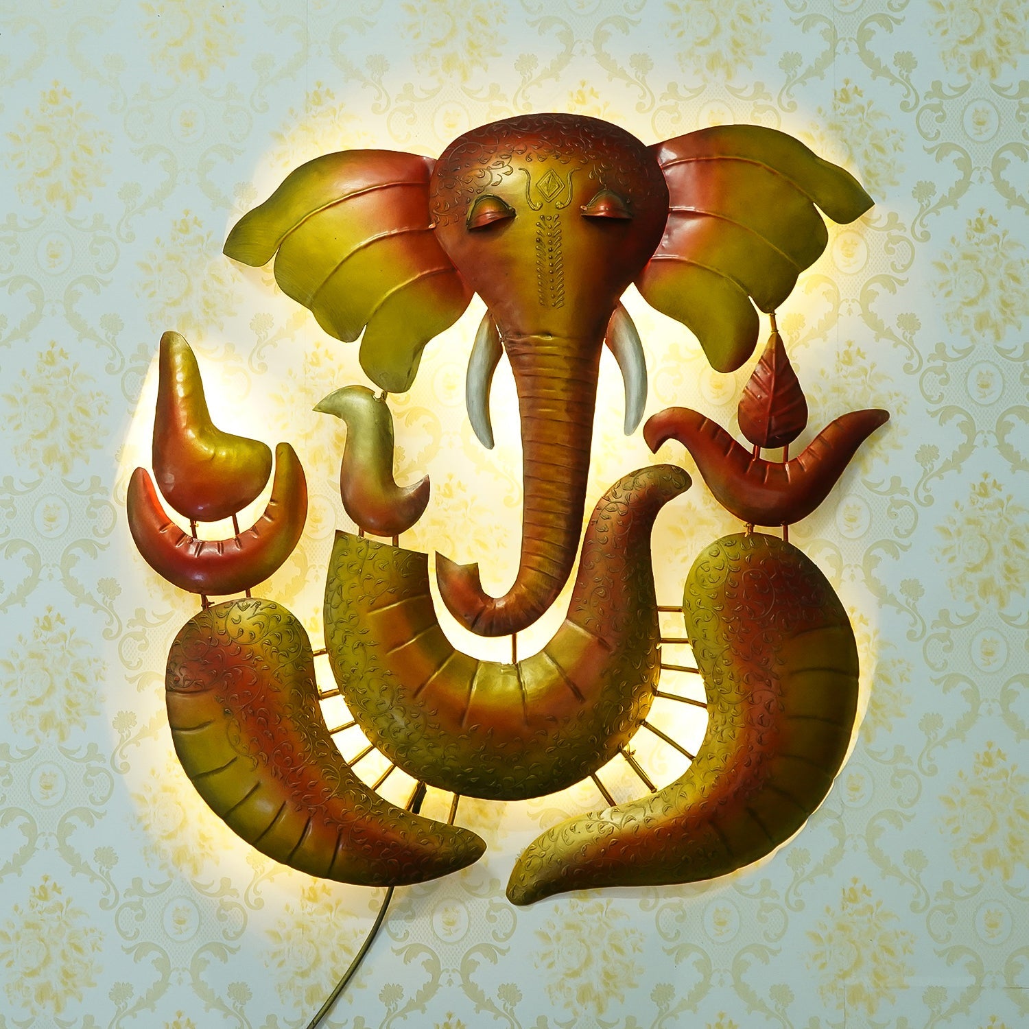 Decorative Lord Ganesha Handcrafted Iron Wall Hanging with background LED's Kafalo