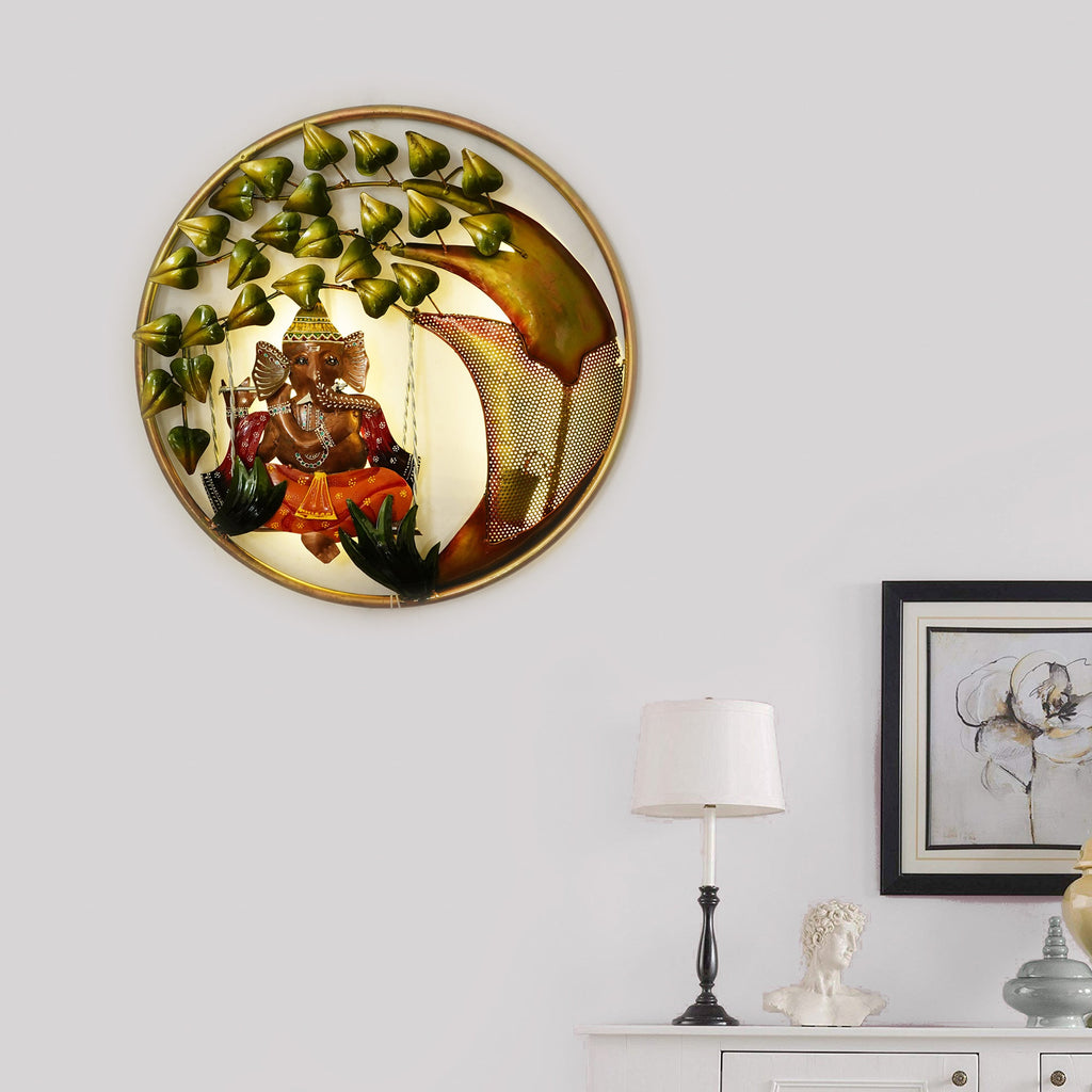 Handcrafted Lord Ganesha on Swing Under Tree Decorative Iron Wall Hanging with Background LED's Kafalo