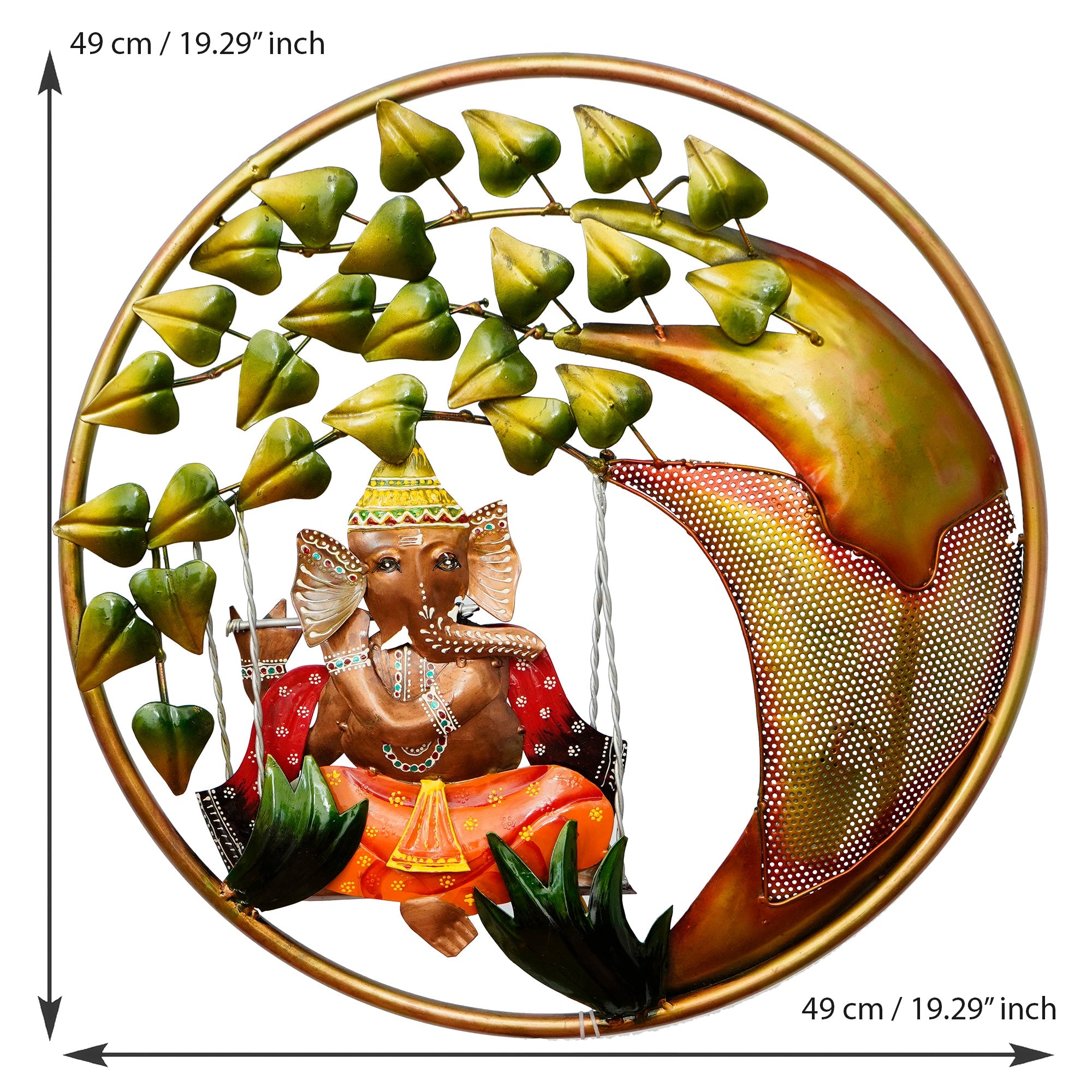 Handcrafted Lord Ganesha on Swing Under Tree Decorative Iron Wall Hanging with Background LED's Kafalo