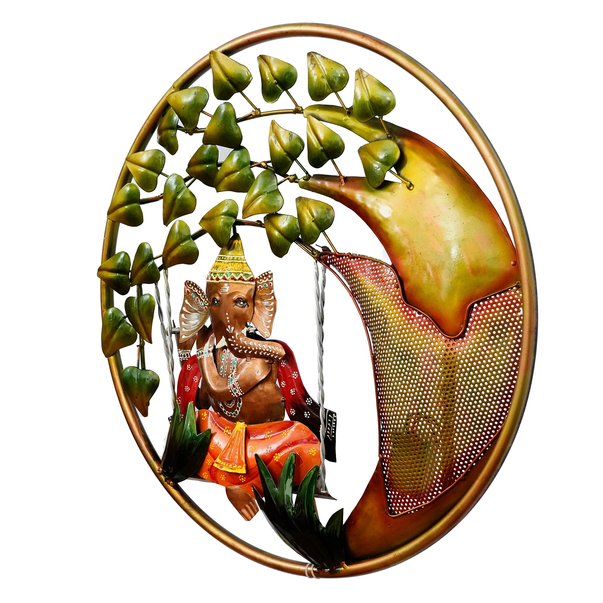 Handcrafted Lord Ganesha on Swing Under Tree Decorative Iron Wall Hanging with Background LED's Kafalo