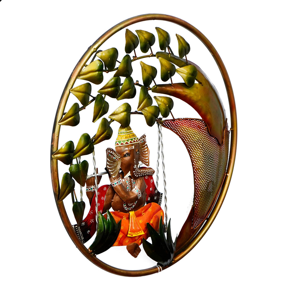 Handcrafted Lord Ganesha on Swing Under Tree Decorative Iron Wall Hanging with Background LED's Kafalo