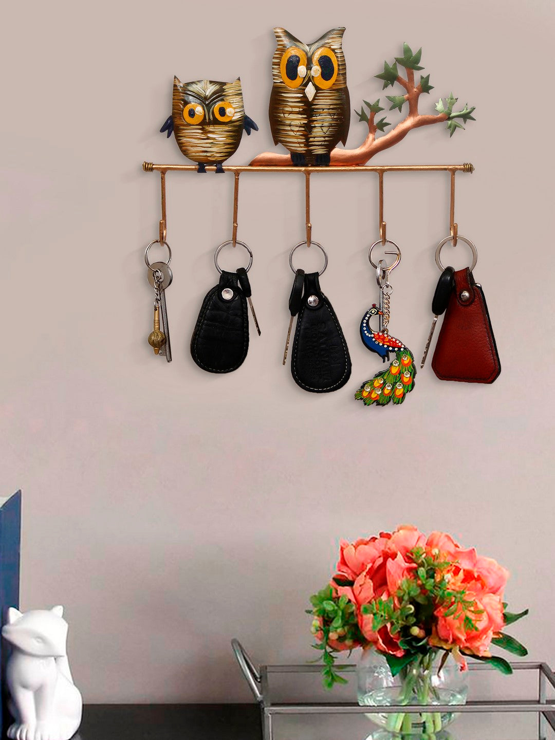 2 Owl Theme Colorful Art 5 Hooks Iron Key Holder (Black, Brown and Green) Kafalo