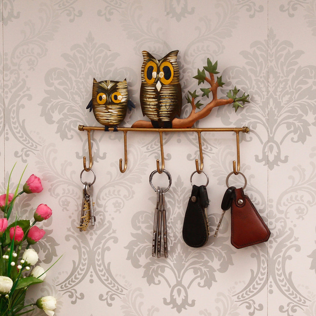 2 Owl Theme Colorful Art 5 Hooks Iron Key Holder (Black, Brown and Green) Kafalo