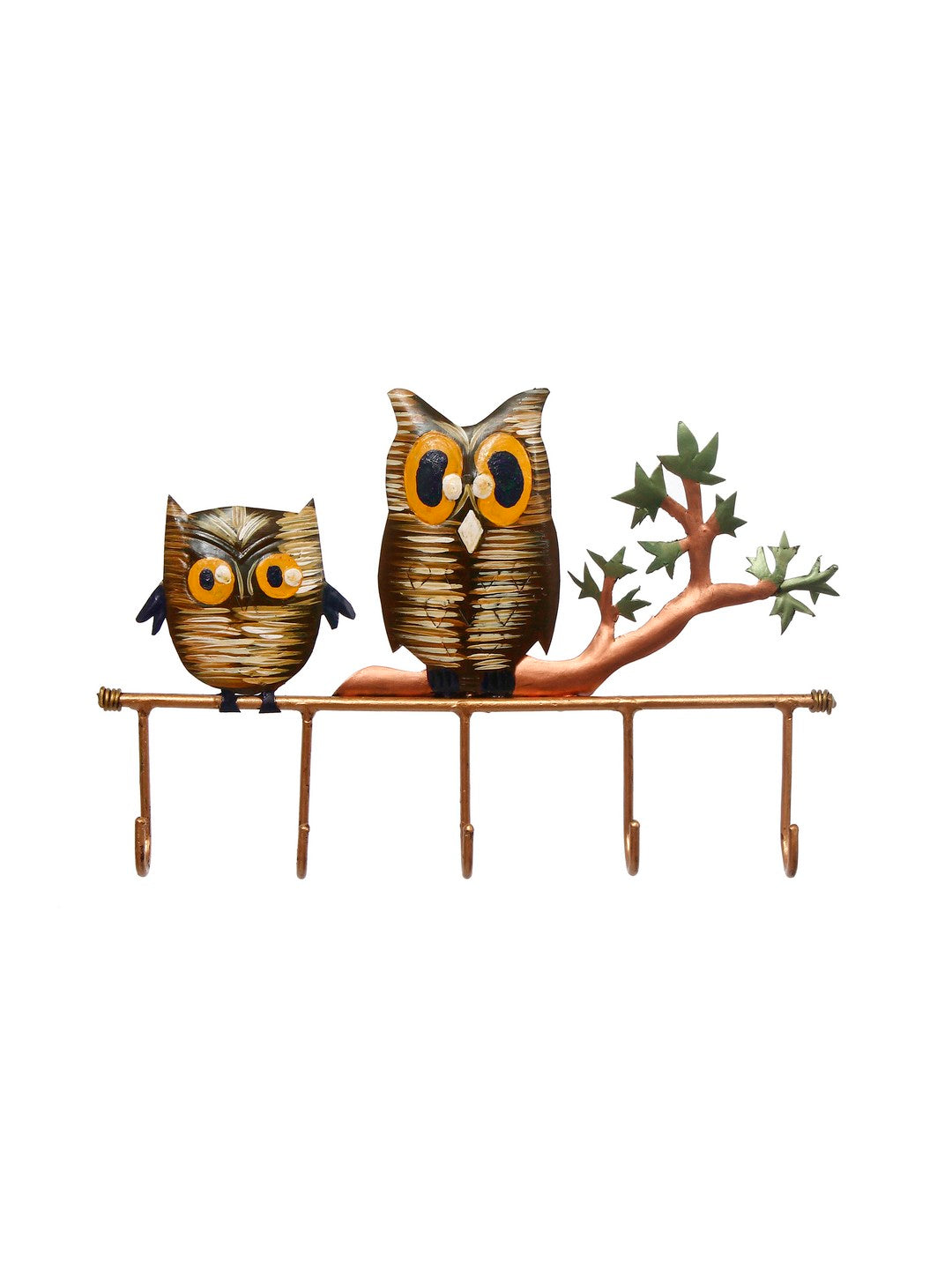 2 Owl Theme Colorful Art 5 Hooks Iron Key Holder (Black, Brown and Green) Kafalo