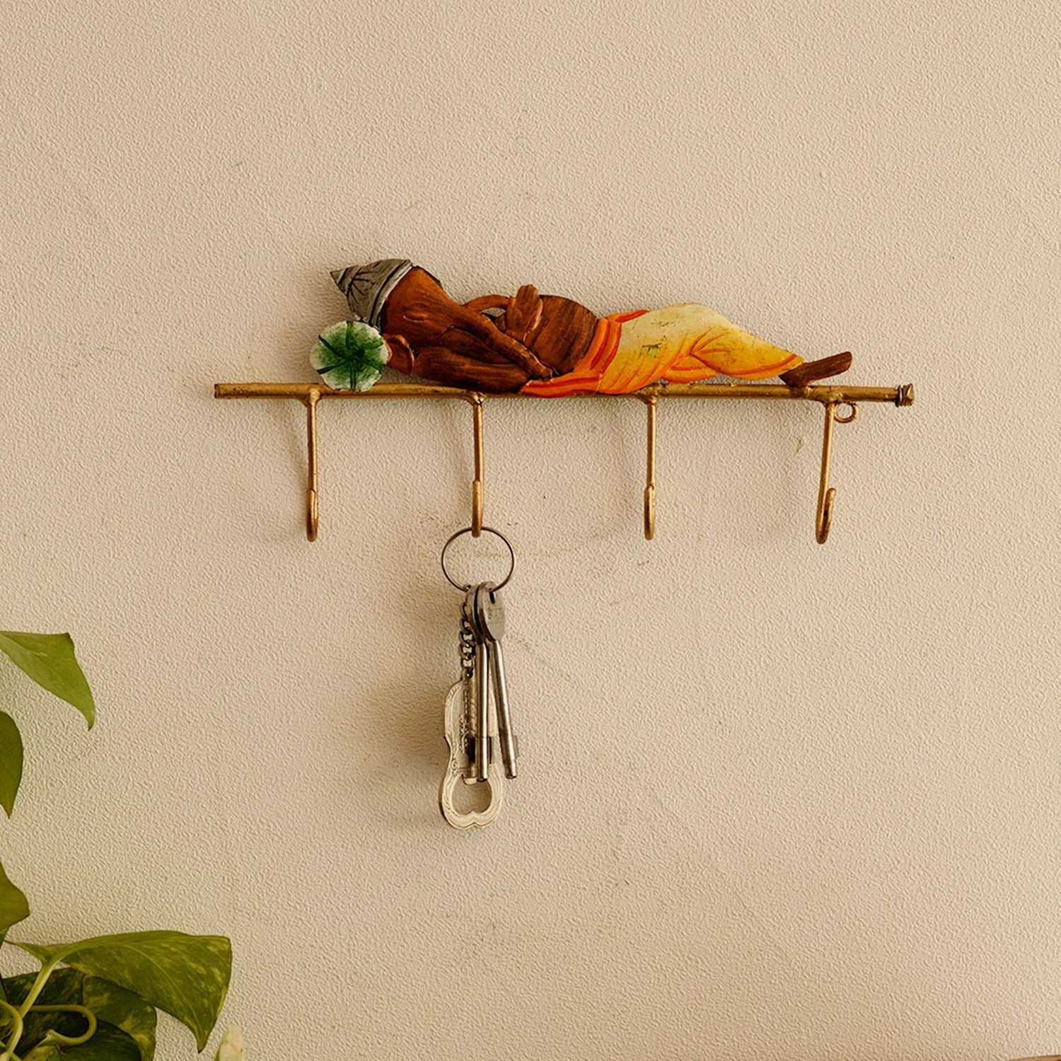 Wrought Iron Resting Lord Ganesha Key Holder (Brown, Yellow and Green) Kafalo