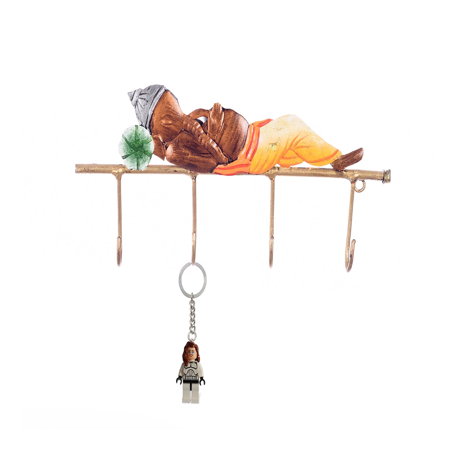 Wrought Iron Resting Lord Ganesha Key Holder (Brown, Yellow and Green) Kafalo