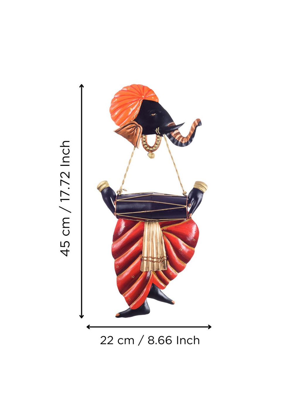Orange and Black Wrought Iron Lord Ganesha Playing Dholak Wall Hanging Kafalo