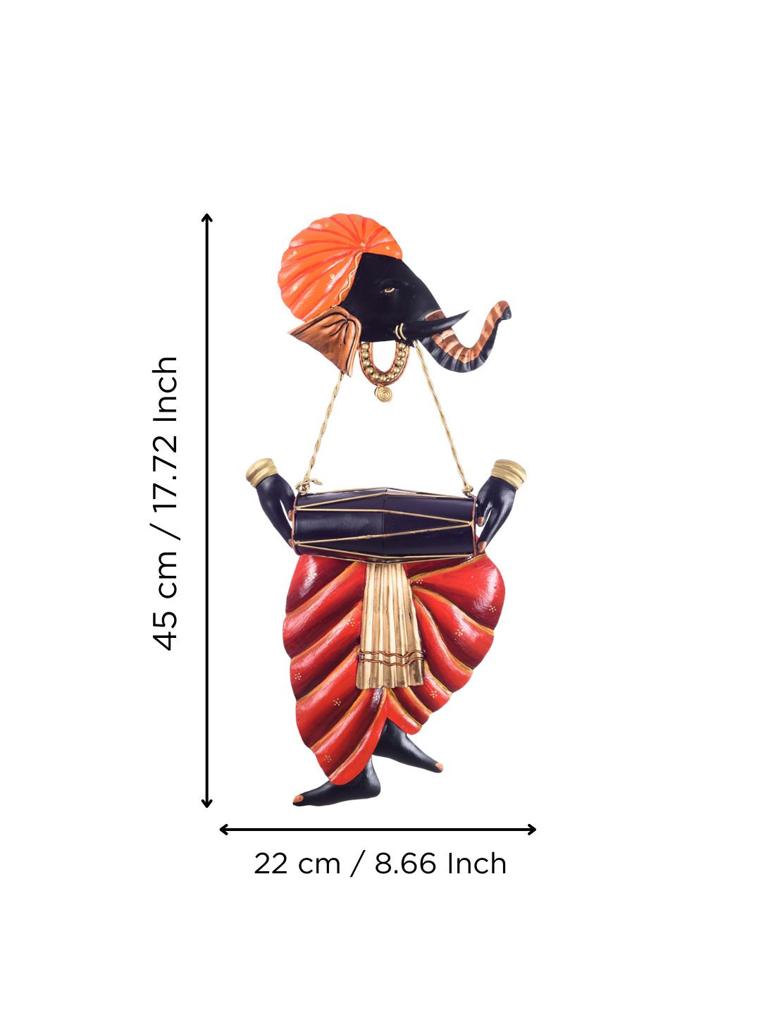 Orange and Black Wrought Iron Lord Ganesha Playing Dholak Wall Hanging Kafalo