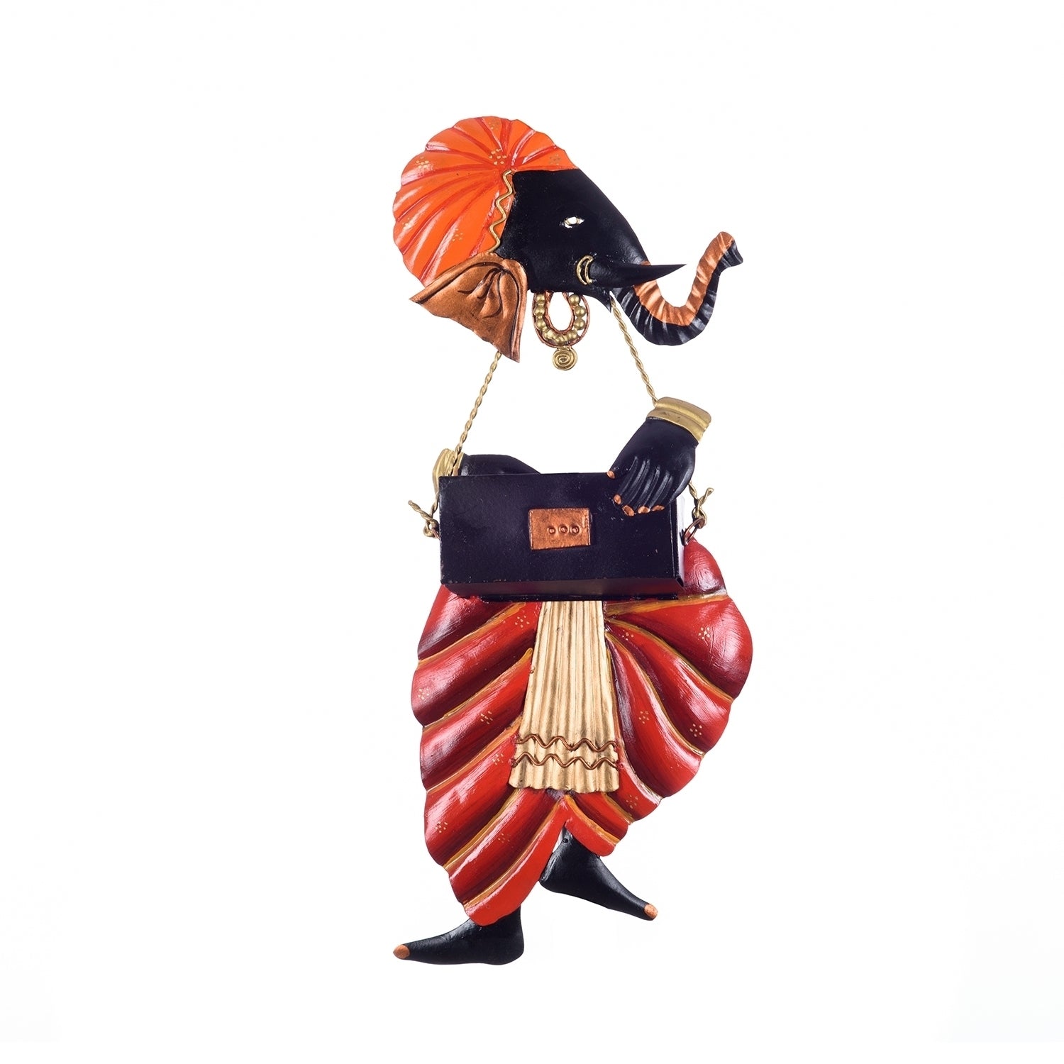 Orange and Black Wrought Iron Lord Ganesha playing Harmonium Wall Hanging Kafalo