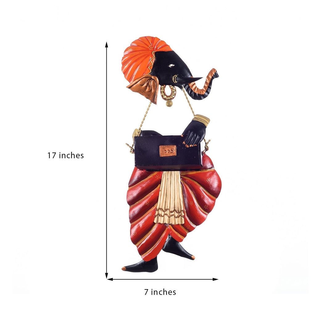 Orange and Black Wrought Iron Lord Ganesha playing Harmonium Wall Hanging Kafalo