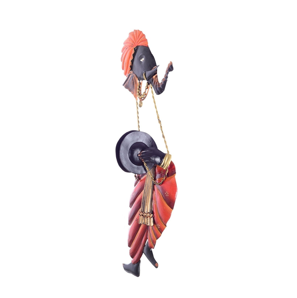 Orange and Black Wrought Iron Lord Ganesha playing Taal Wall Hanging Kafalo