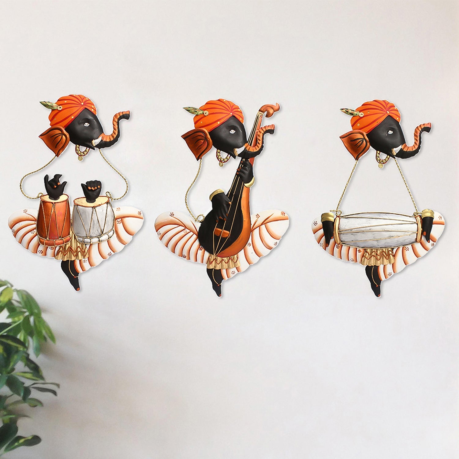 Set of 3 Lord Ganesha Playing Tabla, Veena, Dholak Musical Instuments Wall Hangings Kafalo