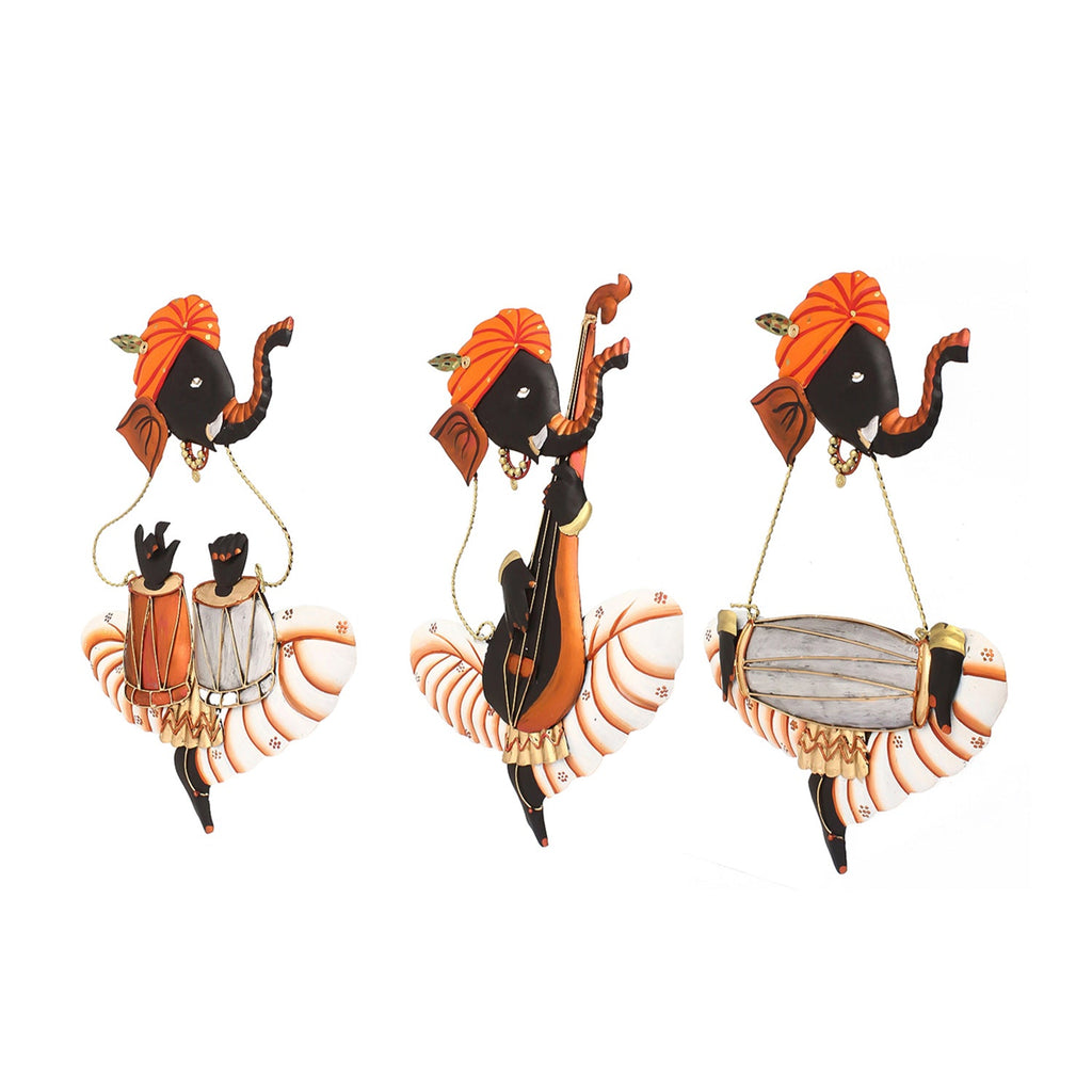 Set of 3 Lord Ganesha Playing Tabla, Veena, Dholak Musical Instuments Wall Hangings Kafalo