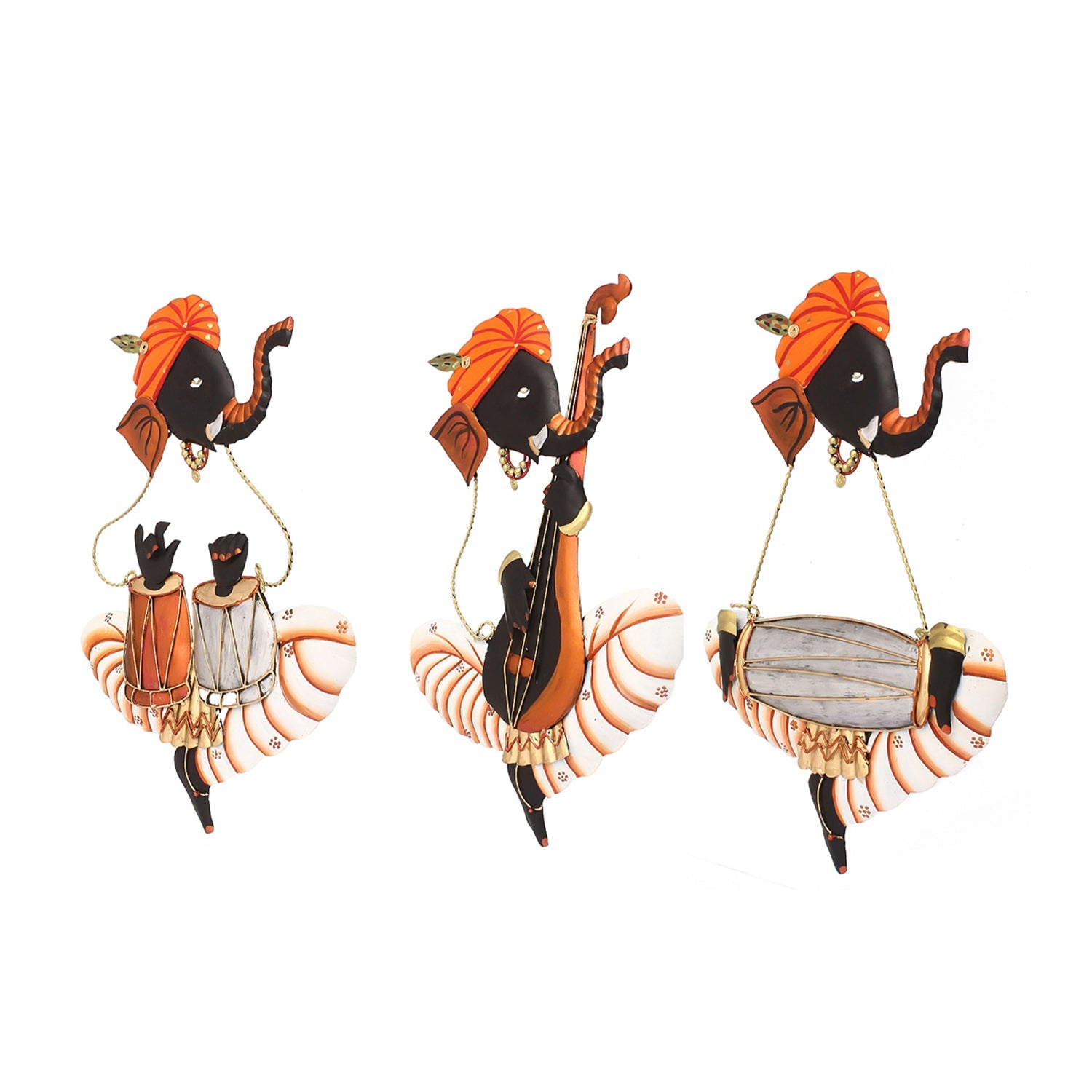 Set of 3 Lord Ganesha Playing Tabla, Veena, Dholak Musical Instuments Wall Hangings Kafalo