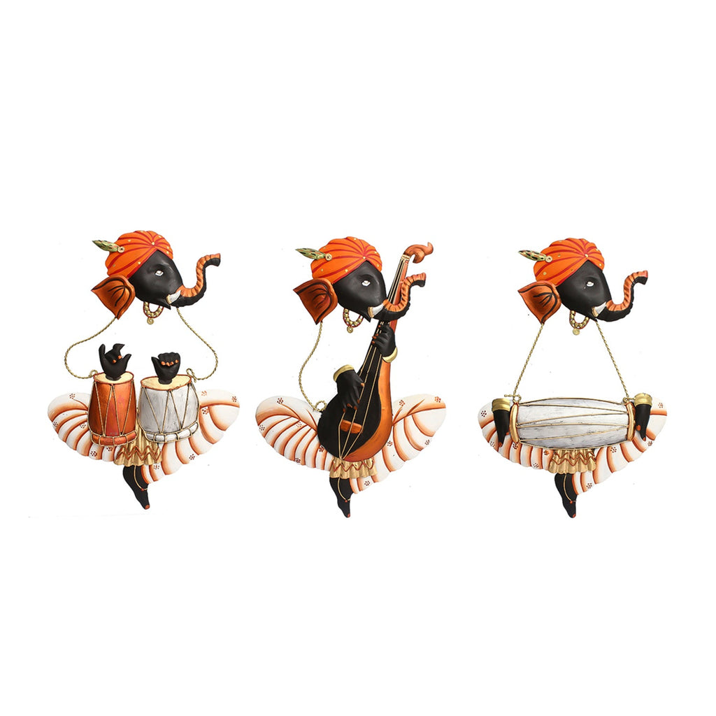 Set of 3 Lord Ganesha Playing Tabla, Veena, Dholak Musical Instuments Wall Hangings Kafalo