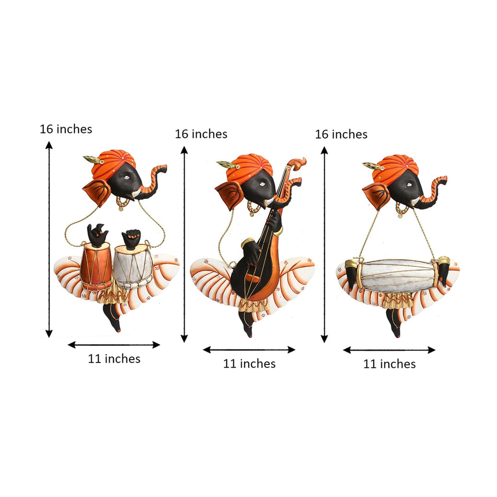 Set of 3 Lord Ganesha Playing Tabla, Veena, Dholak Musical Instuments Wall Hangings Kafalo