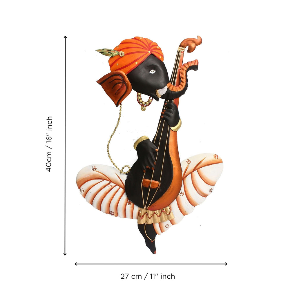 Orange Musician Lord Ganesha Playing Veena Iron Wall Hanging/Art Kafalo