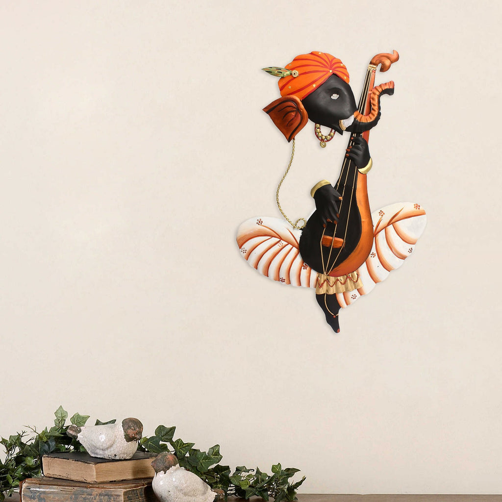 Orange Musician Lord Ganesha Playing Veena Iron Wall Hanging/Art Kafalo