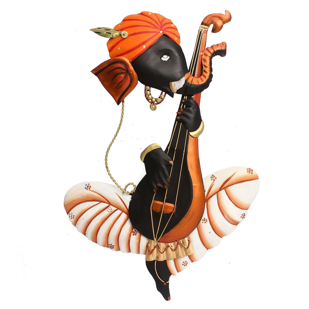 Orange Musician Lord Ganesha Playing Veena Iron Wall Hanging/Art Kafalo