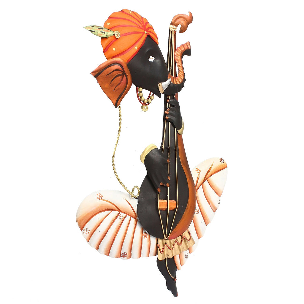 Orange Musician Lord Ganesha Playing Veena Iron Wall Hanging/Art Kafalo