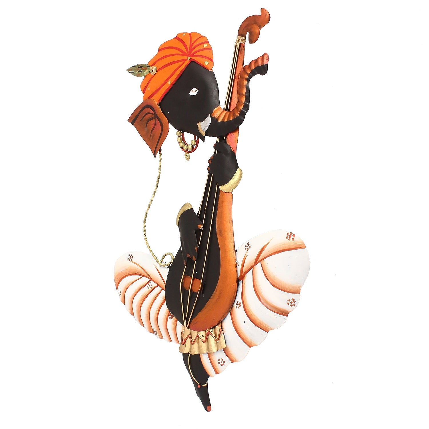 Orange Musician Lord Ganesha Playing Veena Iron Wall Hanging/Art Kafalo