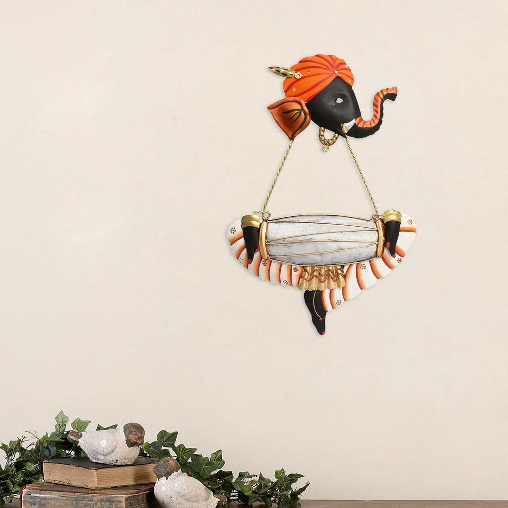 Orange Lord Ganesha Playing Dholak Iron Wall Hanging/Art Kafalo