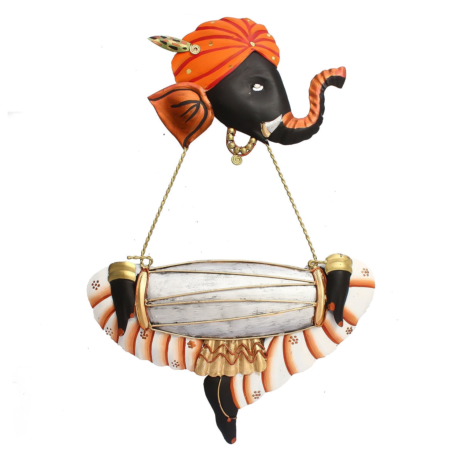 Orange Lord Ganesha Playing Dholak Iron Wall Hanging/Art Kafalo