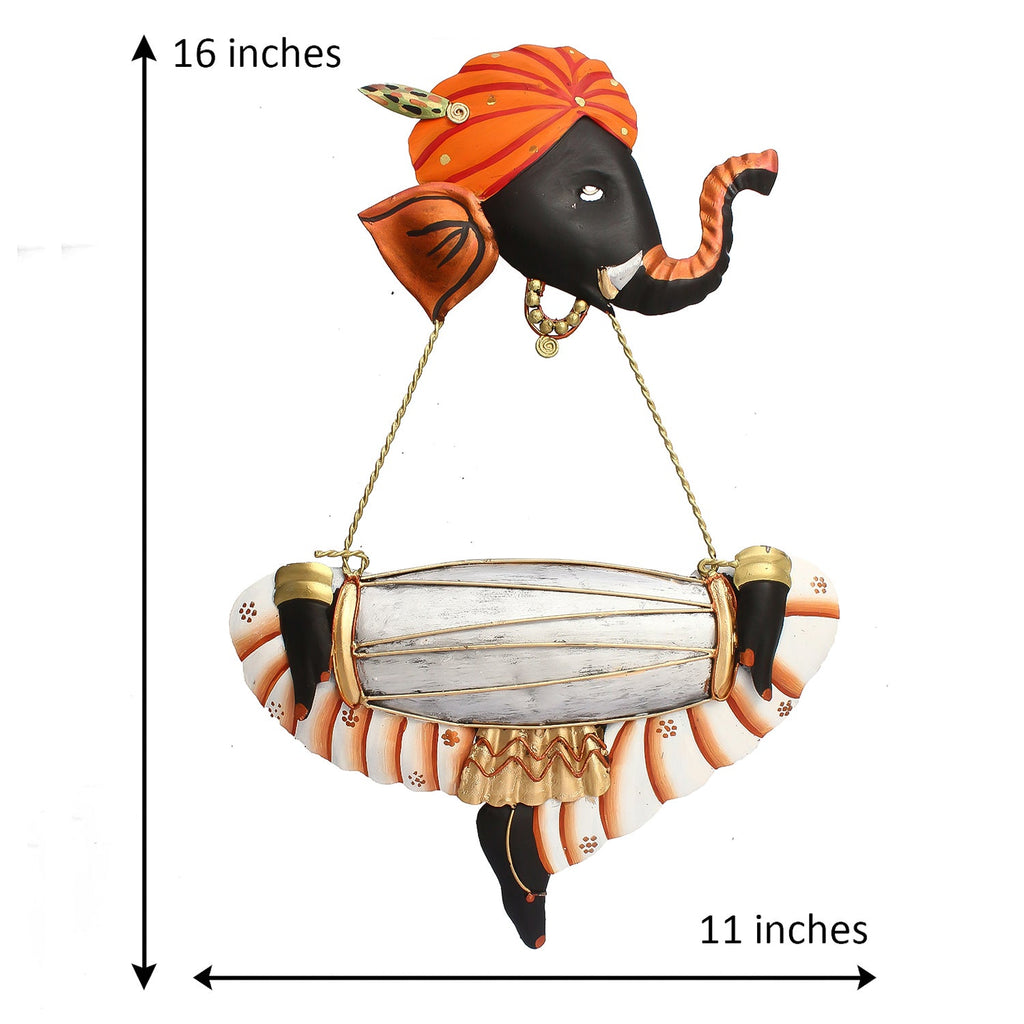 Orange Lord Ganesha Playing Dholak Iron Wall Hanging/Art Kafalo