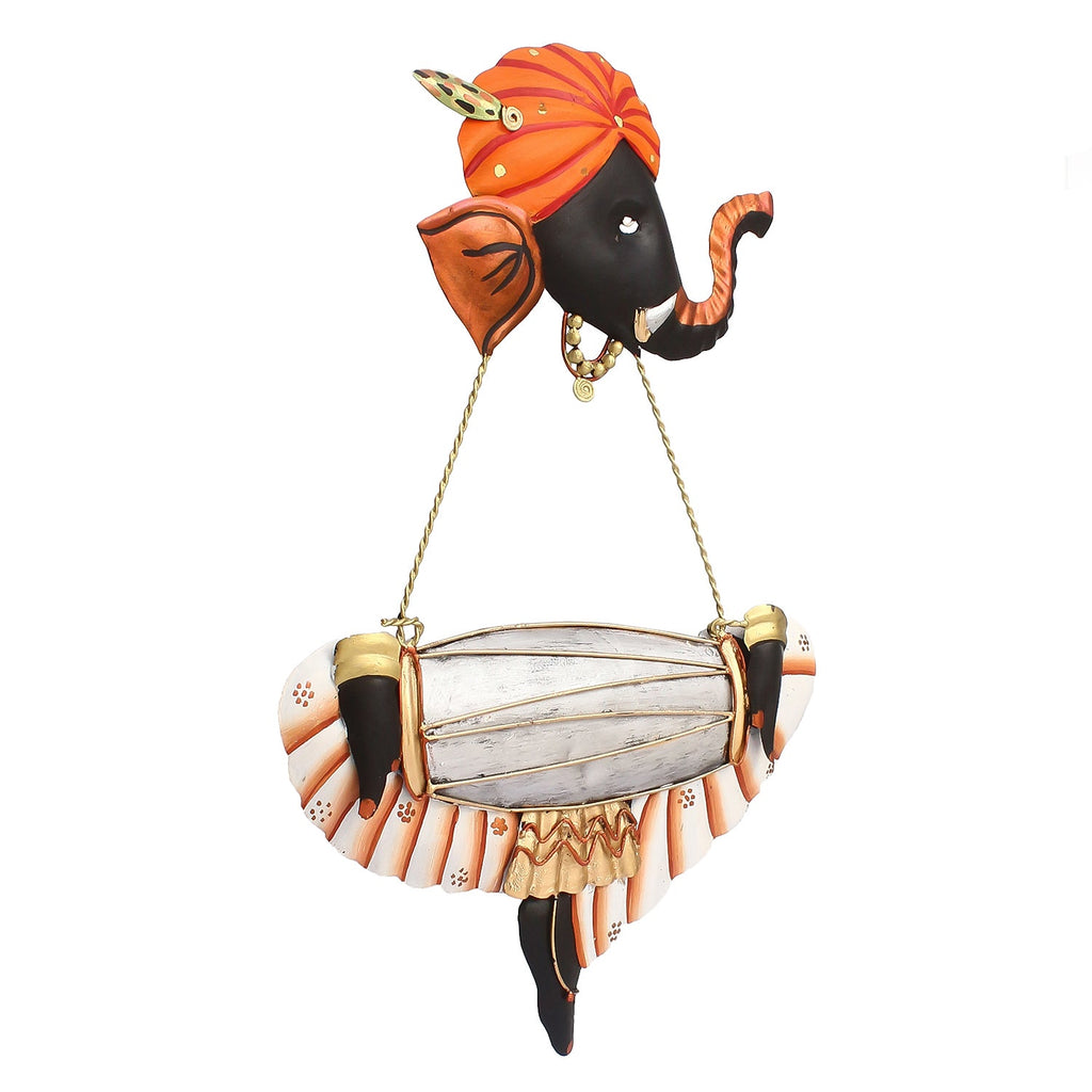 Orange Lord Ganesha Playing Dholak Iron Wall Hanging/Art Kafalo
