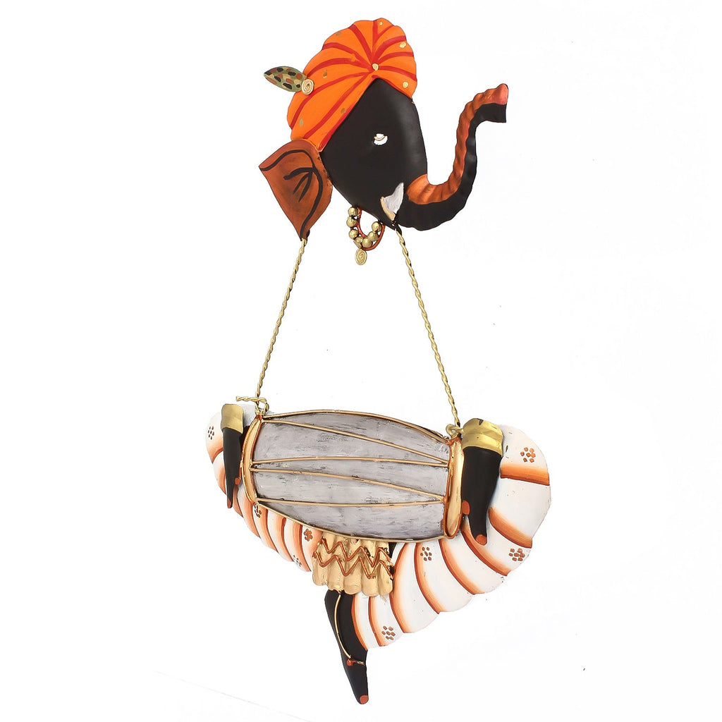 Orange Lord Ganesha Playing Dholak Iron Wall Hanging/Art Kafalo