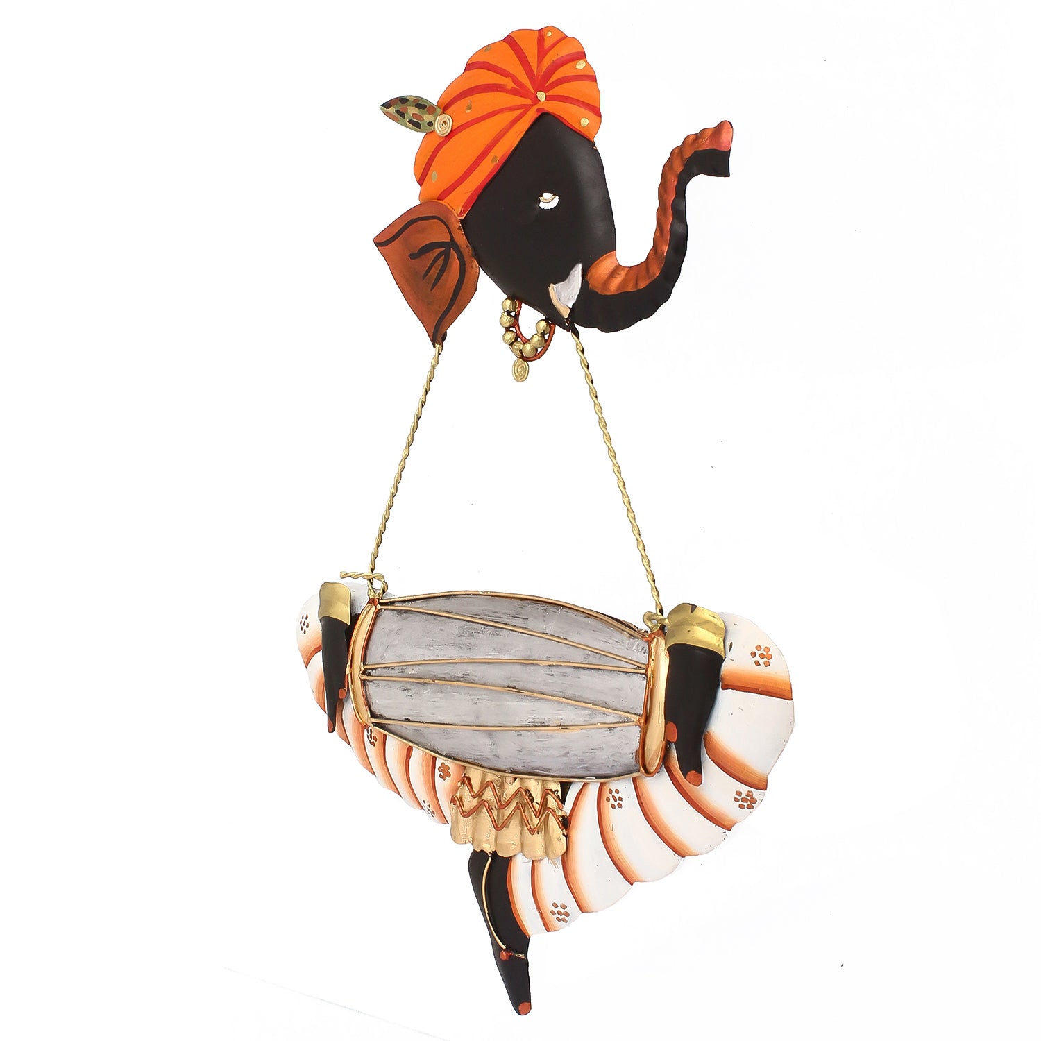 Orange Lord Ganesha Playing Dholak Iron Wall Hanging/Art Kafalo