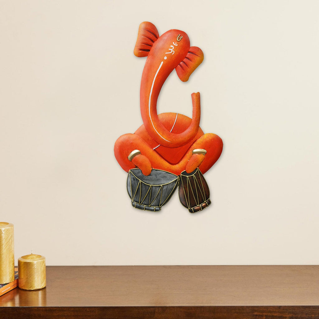 Musician Lord Ganesha playing Dholak Handcrafted Iron Wall Hanging Kafalo