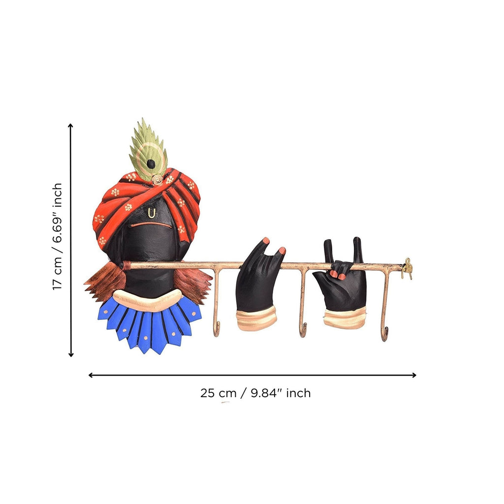 Wrought Iron Lord Krishna Playing Flute Key Holder (Red, Blue, Green and Black) Kafalo