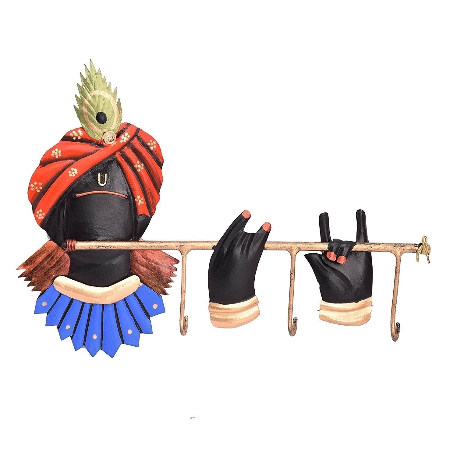 Wrought Iron Lord Krishna Playing Flute Key Holder (Red, Blue, Green and Black) Kafalo