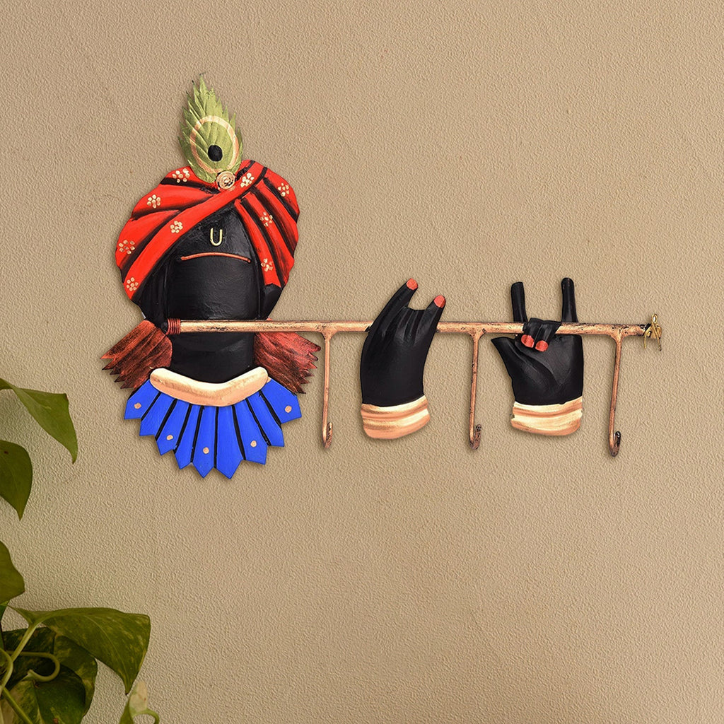 Wrought Iron Lord Krishna Playing Flute Key Holder (Red, Blue, Green and Black) Kafalo
