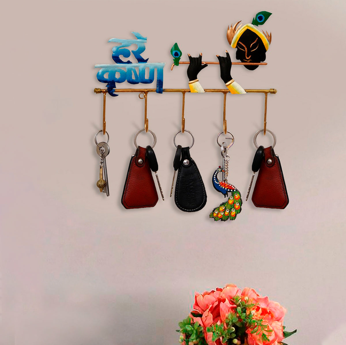 Hare Krishna Playing Flute Art 5 Hooks Iron Key Holder (Black, Golden and Blue) Kafalo