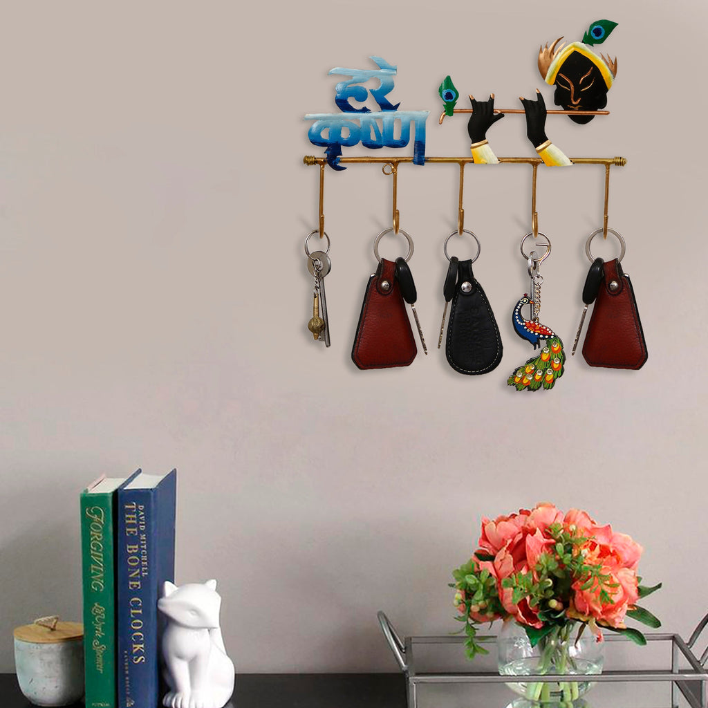 Hare Krishna Playing Flute Art 5 Hooks Iron Key Holder (Black, Golden and Blue) Kafalo