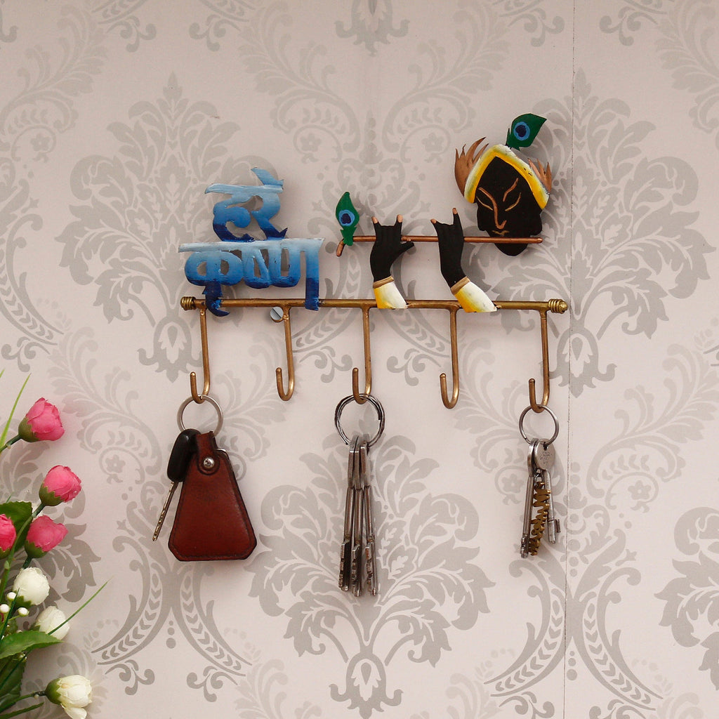 Hare Krishna Playing Flute Art 5 Hooks Iron Key Holder (Black, Golden and Blue) Kafalo