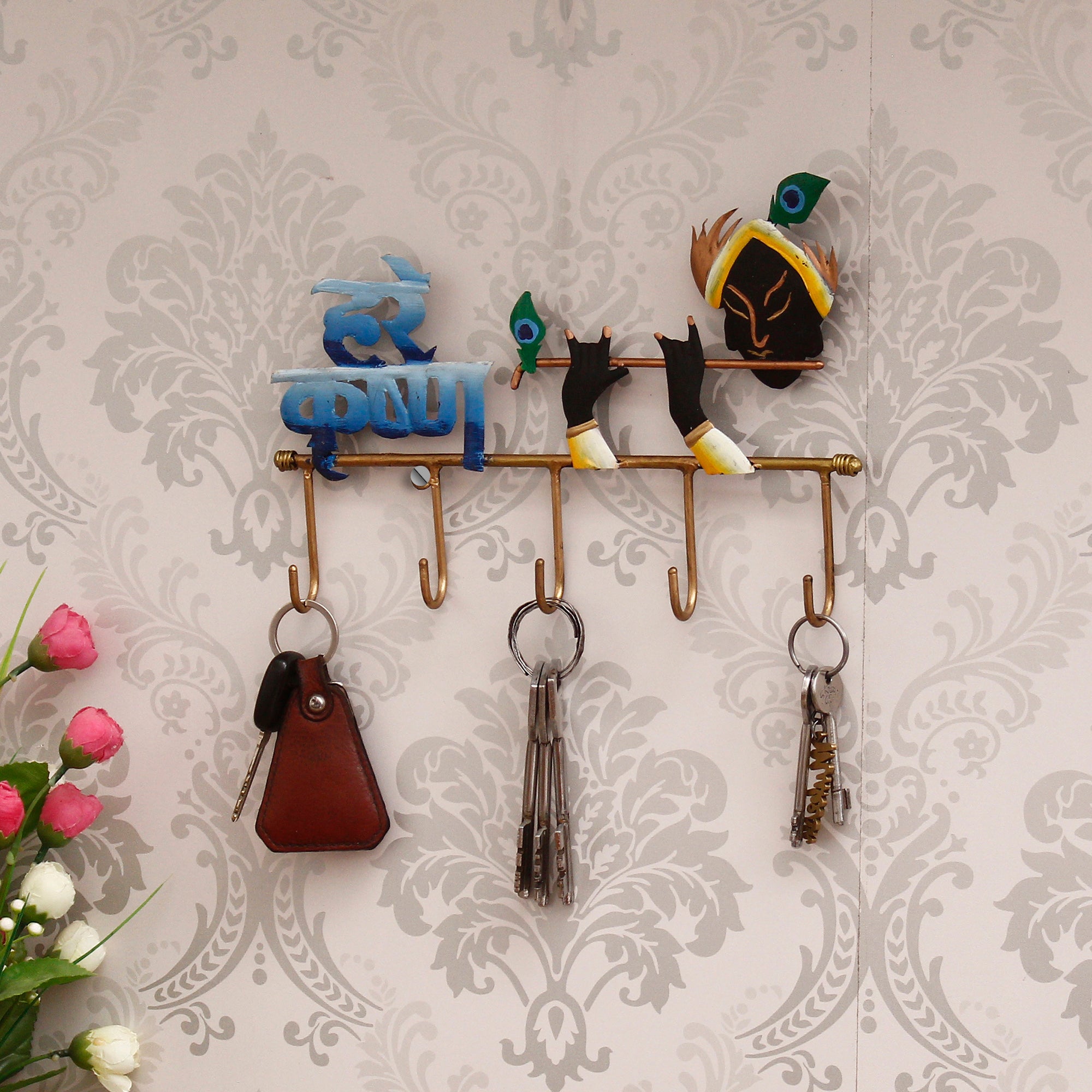 Hare Krishna Playing Flute Art 5 Hooks Iron Key Holder (Black, Golden and Blue) Kafalo