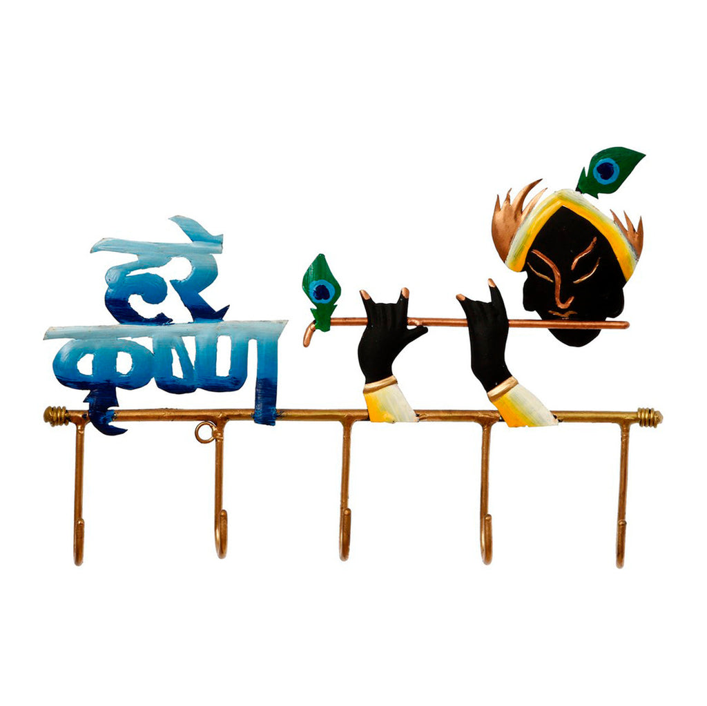 Hare Krishna Playing Flute Art 5 Hooks Iron Key Holder (Black, Golden and Blue) Kafalo