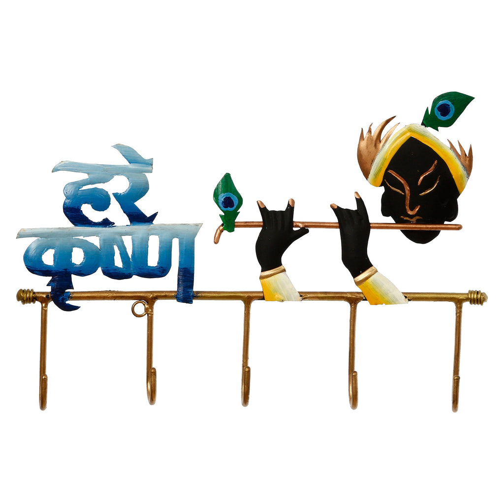 Hare Krishna Playing Flute Art 5 Hooks Iron Key Holder (Black, Golden and Blue) Kafalo