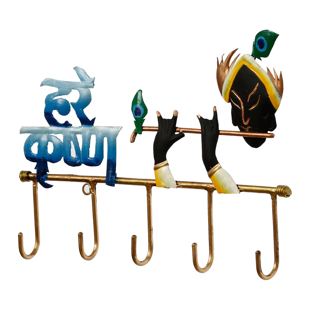 Hare Krishna Playing Flute Art 5 Hooks Iron Key Holder (Black, Golden and Blue) Kafalo