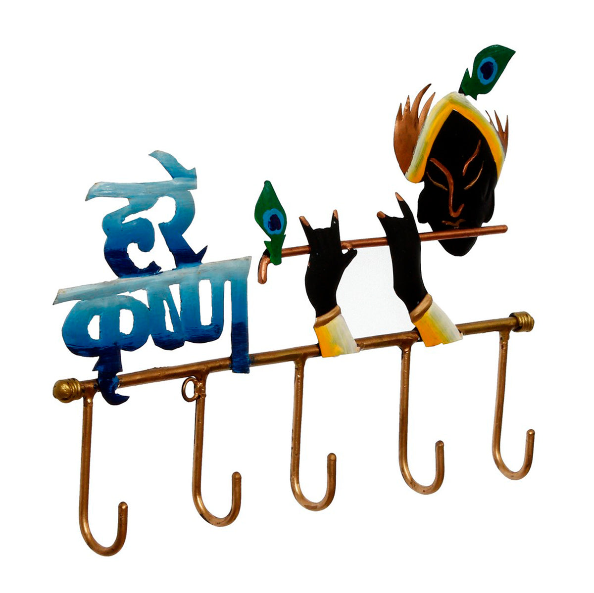 Hare Krishna Playing Flute Art 5 Hooks Iron Key Holder (Black, Golden and Blue) Kafalo