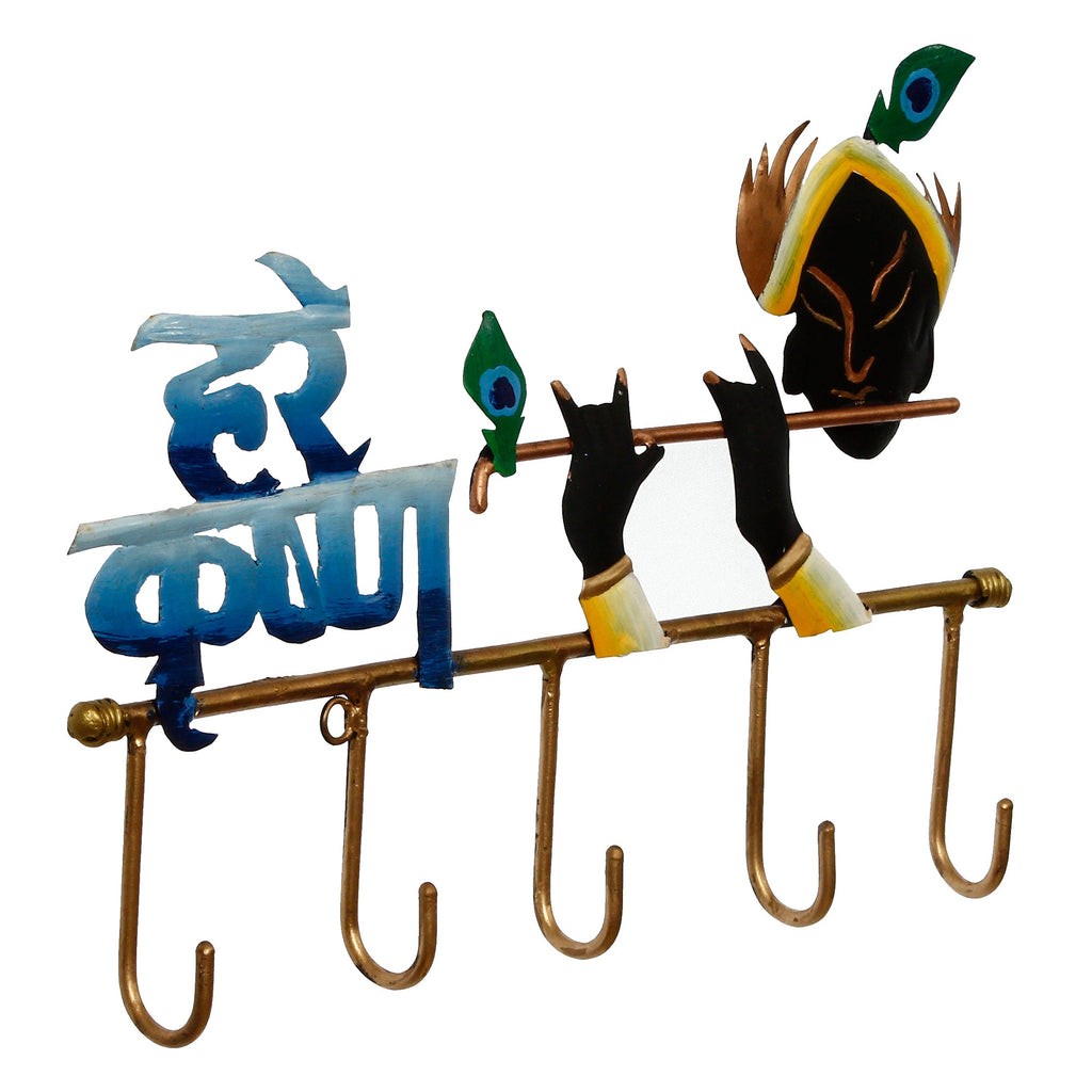 Hare Krishna Playing Flute Art 5 Hooks Iron Key Holder (Black, Golden and Blue) Kafalo