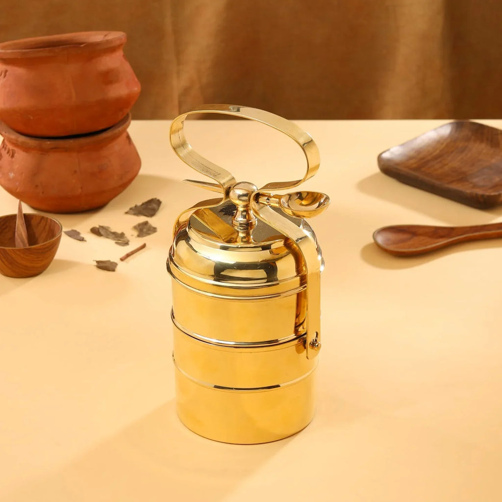 Brass 2-Tier Lunch Box/Tiffin Box (11 Inch) Vedansh Craft