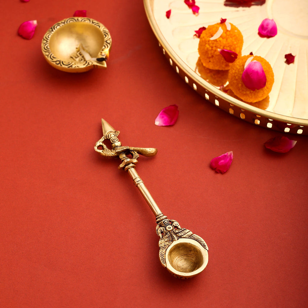 Brass Superfine Peacock Pooja Spoon (6.8 Inch) Vedansh Craft